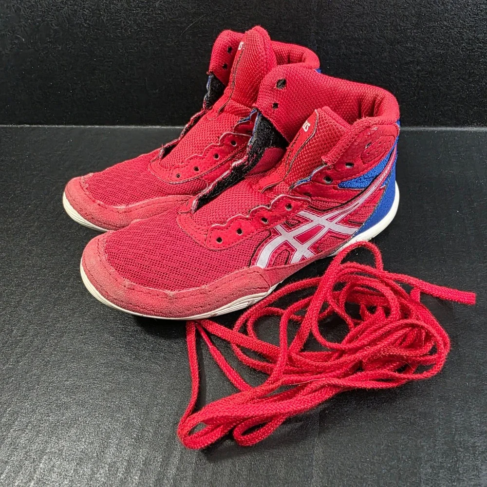 ASICS Matflex 6‎ Wrestling Shoes Kids 1.5 Red Blue High Top 1084A007